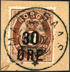 88. 30 øre Provisorie på lite brevstykke, rettvendt stemplet "Magesaas" i 1907. (TR, 10 pkt i NK Postal III).