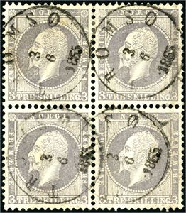 3. 3 skilling Oscar i 4-blokk, stemplet "Tromsø 3.9.1856".