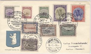 Grønland,  Brev med Amerikautgaven 1945 (AFA 8-16) , stemplet SDR Strømfjord-København 15.11.1954 Samt sidest. Grönlands postkontor København K. 16-11-1954.  (Merkeverdi 2700.-)