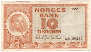 10 kroner 1955 Z.0150261 erstatningsseddel. Kv.1/1-