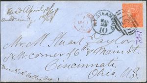 Z 10/95. DWI. 4d (pl 10) orange on envelope, cancelled "C 51" and "St Thomas Mr 1 69" at side together with "N.Y. Steamer Mar 29 10" postmark and sent to Ohio, U.S.A.