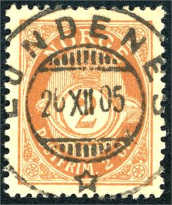 74 X. 2 øre fintagget Knudsen, rettvendt fullstemplet "Lundenes 26.12.05".