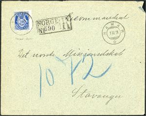 79. 20 øre fintagget Knudsen variant "Sterkt feilsentrert" på konvolutt, stemplet "Hamar 1.3.11" og sendt rekommandert til Stavanger.