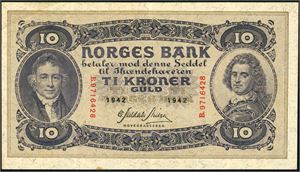 10 kroner 1942, serie B.9716428. 01