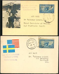 Four envelopes all with "Capt. Einar Lundborg "The Rescuer of Nobile"". One from "San Francisco Apr 26", one from "Portland, Org. Apr. 30" (both 1928), and two from "McKeesport, PA. Apr 2 1929", where he landed at Bettis field. One of these envelopes are signed by the Postmaster on the landingplace.