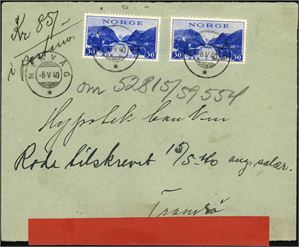 To 30 øre Turistmerke på konvolutt, stemplet "Nykvåg 6.5.40" og sendt til Tromsø. Mørk rød sensurstripe "Postkontollkontor nr. 8 (M.P.K.)" påsatt i nedre kant.