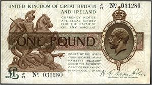 Great Britain. 1 Pound 1922/23, No. 031280. P-359a. Two pinholes on the lower right part. Some soiling in the paper. 1-