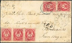 18. 15 skillings porto til Frankrike. Fem 3 skilling Posthorn på konvolutt til Bordeaux, stemplet "Lillesand 3.10.1873" samt fransk transittstempel. "Christiania Omk", "Bordeaux Paris" samt ankomststempel på baksiden. Noen mindre taggefeil pga perifer plassering.