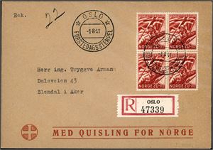 259. Legion i 4-blokk på konvolutt med tekst "Med Quisling for Norge", stemplet "Oslo 1.8.41".