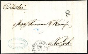 A complete letter from Ciudad Bolivar, Venezuela to New York in 1864, with "New York Ship Letter Jun 27" cds and postage number "8" at front