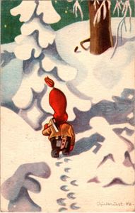 AUKRUST. Nisse på juletrehogst. (Mittet 548-1). Stpl i 42. Kv. 1-2