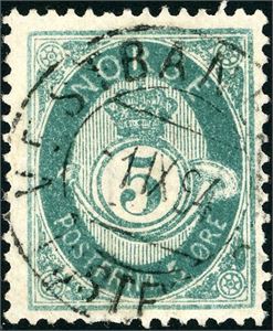 42 IaY. 5 øre 21 mm med stående vannmerke, lettstemplet "Vestbanernes Postexp 11.10.94". Et par litt flate tagger i nedre kant. Attest FCM.
