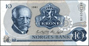 10 kroner 1981, serie HF 0300189. Erstatningsseddel. 0 *