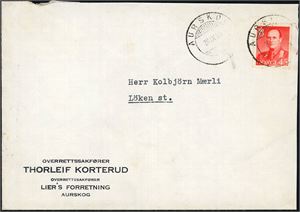 460. 45 øre Olav på konvolutt, annullert med hjelpestempel "Aurskog 28.9.59" (HE).