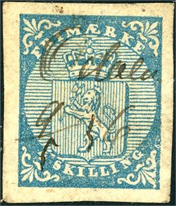 1. 4 skilling våpen 1855, anert med håndskrevet stedsnavn "Odalen 9/5 56". Meget gode- til gode marger.