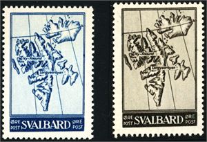 Emil Moestues frimerkeforslag med motiv av Svalbard. Et i blå farge og et i brunt. Det brune er limt fast på papir.