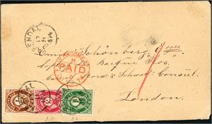 16,18,21. 11 skillings porto til England. 1 skilling-, 3 skilling- og 7 skilling Posthorn på konvolutt til London, stemplet "Arendal 17.11.1874". Ved siden rødt "London EC Paid 23 No 74".