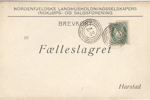 IV-27 Sjøtun (TR, 7 pkt) på brevkort fra Nordenfjeldske Lanhusholdningsselskapers forening.  Sendt til Harstad. Datert 28-4-16.  Frankert med 5 øre ph. Som har en hjørnedefekt.  Fremstår som ett pent objekt med 2 klare avtrykk.