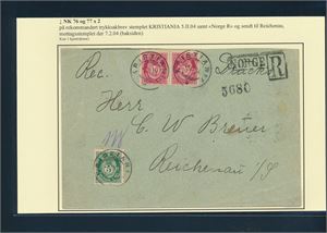 Nk 76 og 77 x2 på rekommandert trykksaksbrev stemplet "KRISTIANIA 5 II 04" til Reichenau, Tyskland. Oppgitt: 1 kjent.