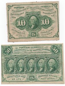 50 og 10 cent Postage Currency US. VK.