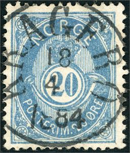 40 II. 20 øre blå, rettvendt fullstemplet "Kragerø 18.4.1884".
