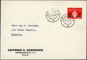 T 67. 25 øre Offentlig Sak provisorie på konvolutt, stemplet "Kragerø 15.3.49".
