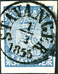 1. 4 skilling Våpen 1855, fullstemplet "Stavanger 1.3.1855". Tre gode marger, litt ujevn på høyre siden.