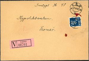 211. 60 øre Løve på bankokonvolutt (kr 41,-), stemplet "Vadsø 14.6.40". På baksiden hvit sensurstrimmel "Kontrollert Postkontrollkontor nr 11." samt to fine segl og en 20 øre Løve.
