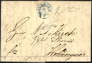 Komplett brev, stemplet "Trondhjem 18.1.1850" (t.1) og sendt til Helsingør, der det er omadressert innen Danmark. Påskrevet "fco" i nedre venstre hjørne og "2 / Lod" i øvre del.