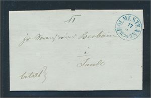 Prefrim "HOLMESTRAND 17-8-1850" i blått. Betalt brev til Sande