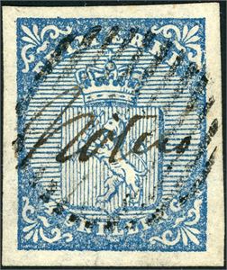 1. 4 skilling Våpen 1855, annullert med håndskrevet "Nøterø" samt et velplassert 12-streks riststempel. Gode- til normale marger. Attest FCM.