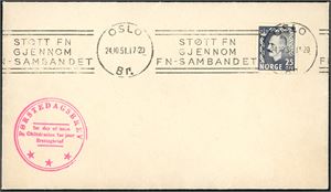 394. 25 øre Haakon i grå farge på uadressert konvolutt, pent maskinstemplet "Oslo 24.10.51". (5.300,-).