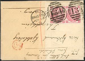 103. GB. Two 3d Victoria in entire , cancelled "134 Bristol Jy 19 71" and sent to Tronhjem. Handwritten manuscript "Shipletter per "Norway" from Shields". On reverse two postmarks: "Blacdon Som Jy 19 71" and "Newcastle-on-Tyne E Jy 21 71".