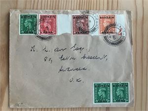 Brev med eng. merker overstemplet Bahrain stmpl. i 1949