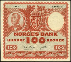 100 kroner 1962, serie I.1805319. Bl.a. et hakk i øvre kant, ved midtbretten. 1