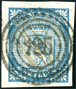 1. 4 skilling våpen 1855, annullert med 4-rings "195" samt noen svake blekkstreker. Gode marger.
