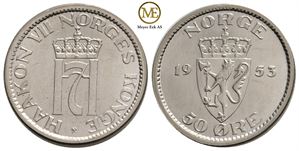 50 øre 1953 Haakon VII. Lite mm. Prakt