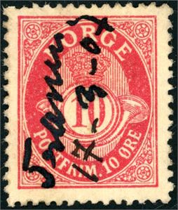 77. 10 øre posthorn, annullert med håndskrvete "Tanen 17-3-07".