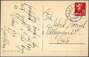 246. 20 øre Løve på postkort, annullert med hjelpestempel "Nelaug 26.12.42" (AA).