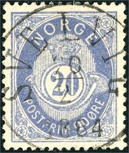 40 Ia. 20 øre blå, rettvendt fullstemplet "Svelvig 20.2.1884".