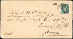 29. 35 øres porto til Brasil. 35 øre skravert Posthorn på konvolutt til  Rio de Janeiro, stemplet "Borøen 20.1.1886". Baksiden stemplet "Tvedestrand" samt ankomststempel.