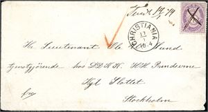 19. 4 skillings porto til Sverige. 4 skilling Posthorn på konvolutt til Stockholm, annullert med blekkryss og ved siden håndskrevet "Tveit 14/1 74" samt transittstempel "Christiania 17.1.1874". Ankomststempel på baksiden. Merket med feil, pga perifer plassering.