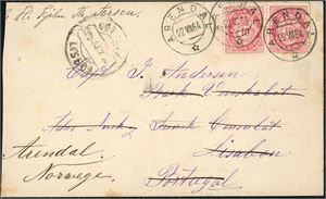 43. 20 øres porto til Portugal. To 10 øre 21 mm på konvolutt, stemplet "Arendal 22.8.84" og sendt til Lisabon, der brevet er sendt i retur. Baksiden stemplet "Lisboa 29 Ago. 84". Konvolutten er noe beklippet i venstre side.