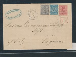 Brev med Nk 13, 14 og 15 stemplet "CHRISTIANIA 14-4-1871" til Cognac, Frankrike. I alt 15sk porto. Svak arkivbrett nede berører ingen merker. Meget pent brev
