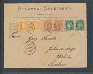 Nk 50, 65, 75 og 76 på dobbeltvektig brev til Tyskland stemplet "DRAMMEN 21 VIII 99". Frankering begge sider