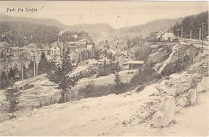 Tinfos, Parti fra Tinfos, med Jernbanestasjonen og fabrikker.  Stemplet Notodden 1913, frim. Fjernet.   Flott motiv