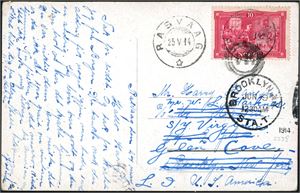 115. 10 øre Eidsvoldjubileet på postkort til U.S.A., annullert med 3-rings "144" (D/S Alf, 1904-1934, i rute ved Flekkefjord), samt "Rasvaag 25.5.14". Ved siden ankomststemplet "Brooklyn jun 9".