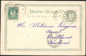 42. 5 øres Brev-Kort oppfrankert med 5 øre 21 mm, stemplet "Arendal 16.1.1897" og sendt til Estland. Ankomststemplet på forsiden.