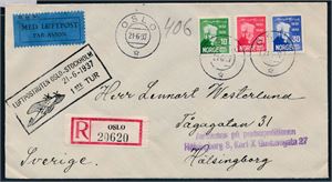 LUFTPOST. 10,20,30ø Bjørnson på brev st "Oslo 21-6-37" og "Loftpostruten Oslo Stockholm 21-6-1937 1ste Tur"