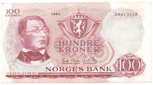 100 kroner 1964 Z.8013128. 8 million erstatningsseddel. RR-seddel. Kv.1/1+